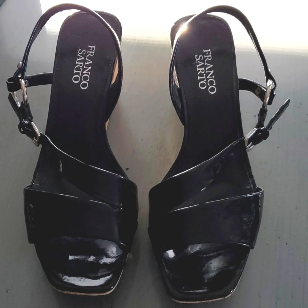Franco Sarto|Womens  Black/ Cork Strappy Wedge Sandal Heels Evening Office Sz.8